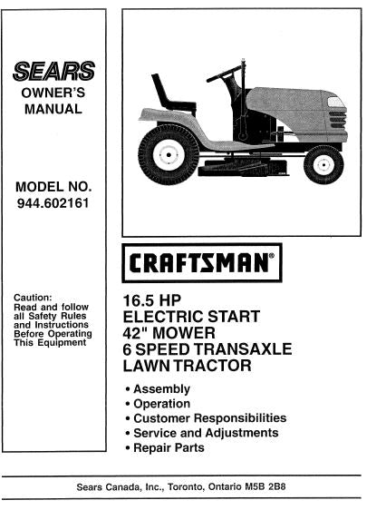944.602161 Manual for Craftsman 16.5 HP 42" Lawn Tractor