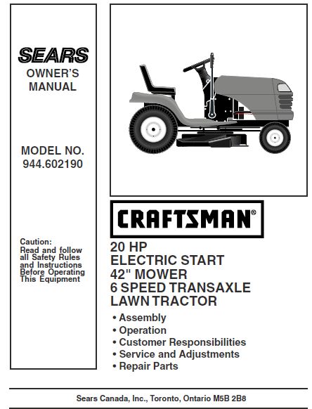 944.602190 Manual for Craftsman 20 HP 42" Lawn Tractor