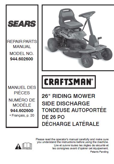 944.602600 Parts List for Craftsman 26" Riding Mower with Side Discharge