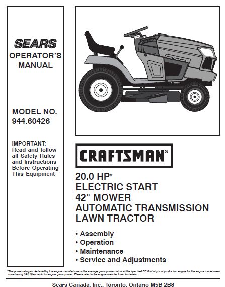 944.602601 Manual for Craftsman 20 HP 42" Lawn Tractor