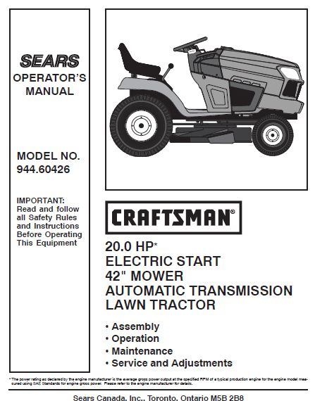 944.602601 Manuel pour tracteur de pelouse Craftsman 20 HP 42"