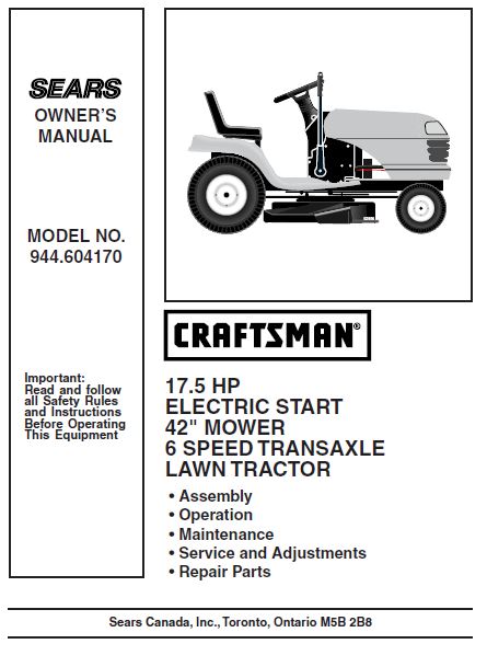 944.604170 Manual for Craftsman 17.5 HP 42" Lawn Tractor