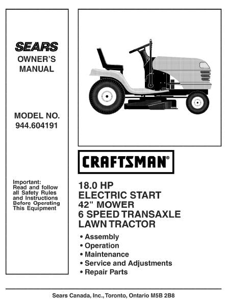 944.604191 Manual for Craftsman 18.0 HP 42" Lawn Tractor