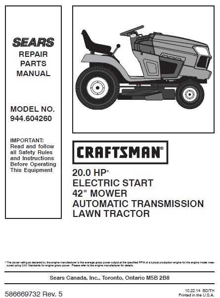 944.604260 Owner's Manual for Craftsman 20HP 42" Lawn Tractor