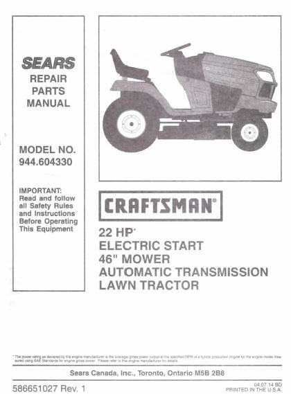 944.604330 Parts Manual for Craftsman 22 HP 46"  Lawn Tractor