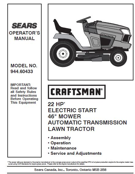 944.60433 Manual for Craftsman 22 HP 46" Lawn Tractor - NO PARTS LIST