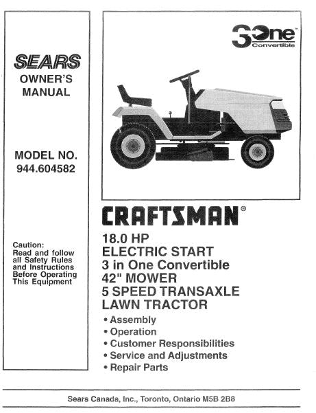 944.604582 Manual for Craftsman 18 HP 42"Lawn Tractor