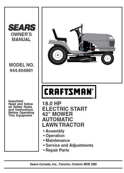 944.604881 Manual for Craftsman 18 HP 42 Lawn Tractor DR Mower Parts