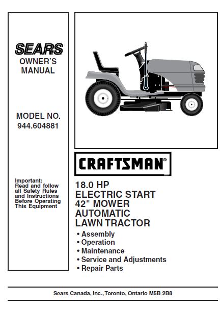 944.604881 Manual for Craftsman 18 HP 42" Lawn Tractor