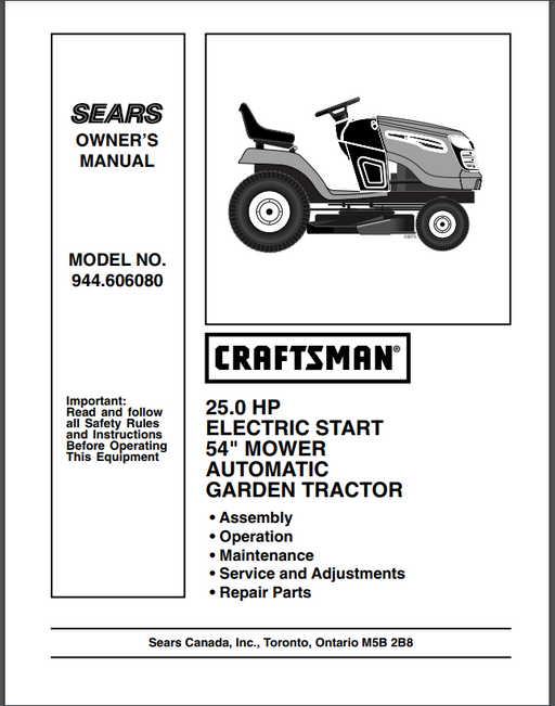 944.606080 Manual for Craftsman 25.0HP Garden Tractor