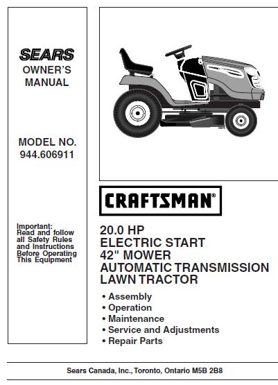 944.606911 Manual for Craftsman 20 HP 42" Lawn Tractor