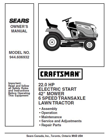 944.606932 Manual for Craftsman 22.0 HP 42" Lawn Tractor