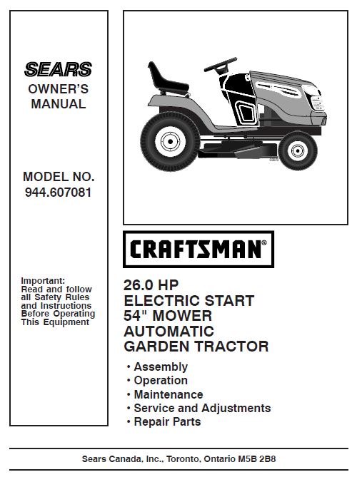 944.607081 Manual for Craftsman 26.0 HP 54" Garden Tractor