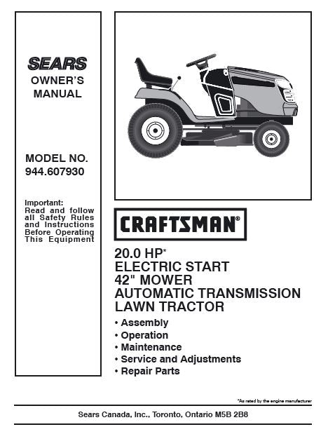 944.607930 Manual for Craftsman 20.0 HP 42" Lawn Tractor