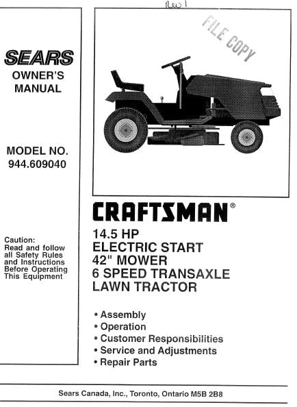 944.609040 Manuel pour tracteur de pelouse Craftsman 14,5 HP 42"