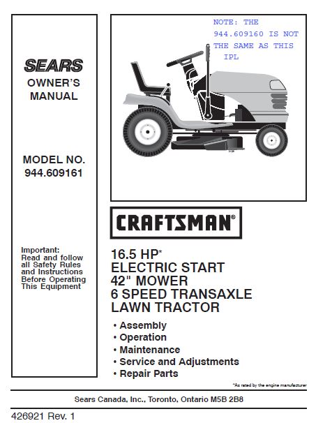 944.609161 Manual For Craftsman 16.5 HP 42 Lawn Tractor DR Mower Parts
