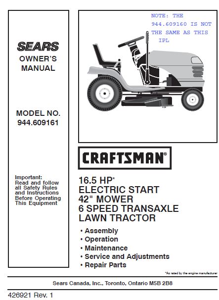 944.609161 Manuel pour tracteur de pelouse Craftsman 16,5 HP 42"