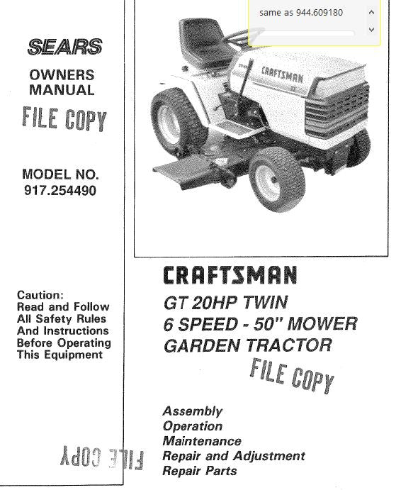 944.609180 Manuel pour tracteur de pelouse Craftsman 20 HP 50" 917254490