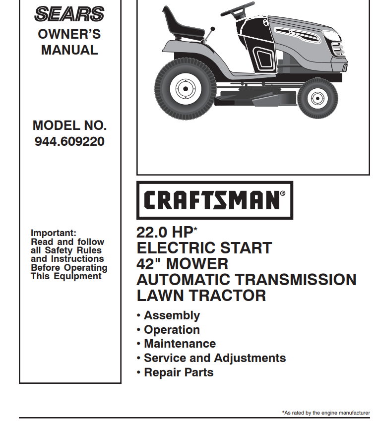 944.609220 Craftsman Lawn Tractor DR Mower Parts