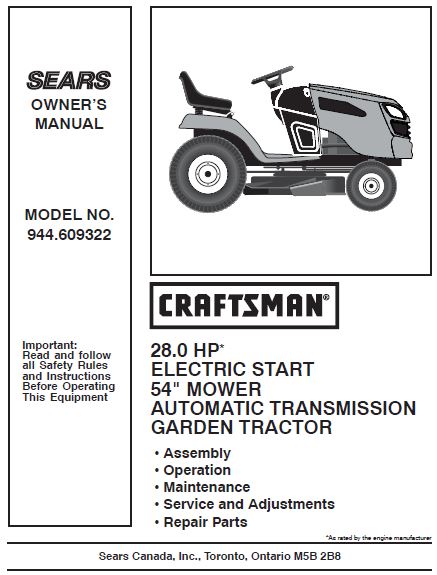944.609322 Manual for Craftsman 28.0 HP 54" Lawn Tractor