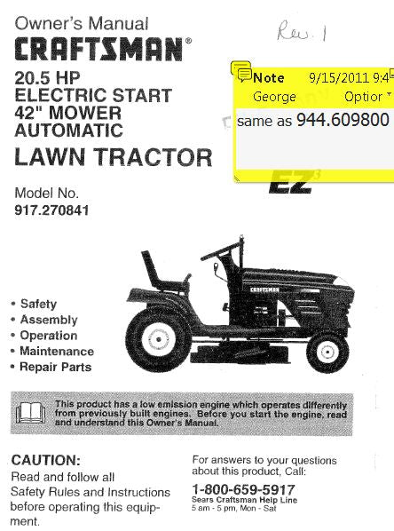 944.609800 Manual for Craftsman 42"  Lawn Tractor