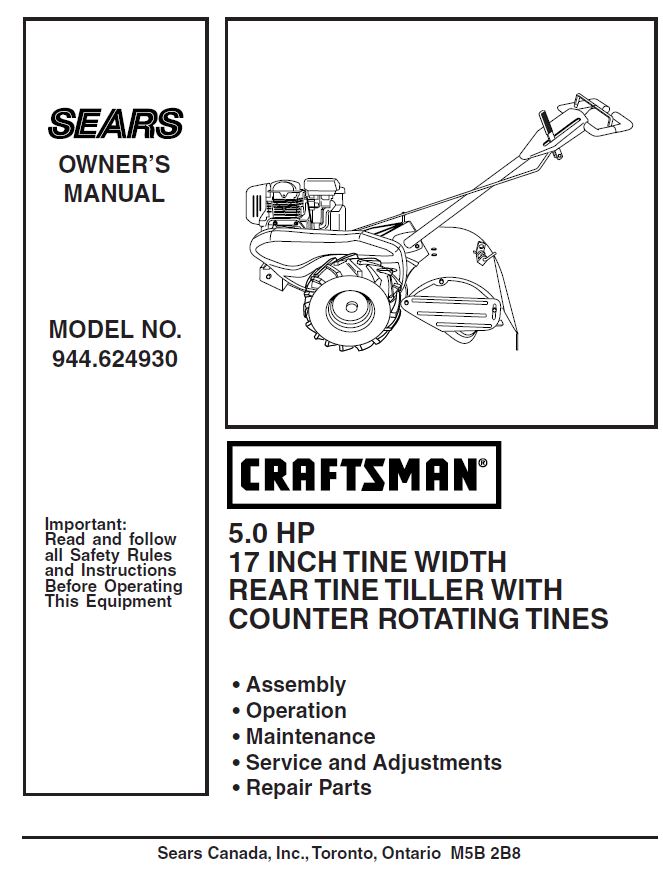 944.624930 Manual for Craftsman 5 HP 17" Rear Tine Rototiller — DR