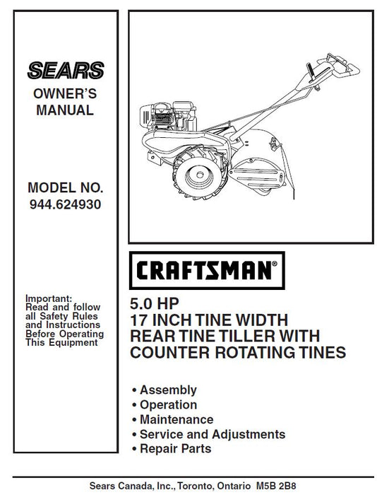 944.624930 Manual for Craftsman 5 HP 17" Rear Tine Rototiller