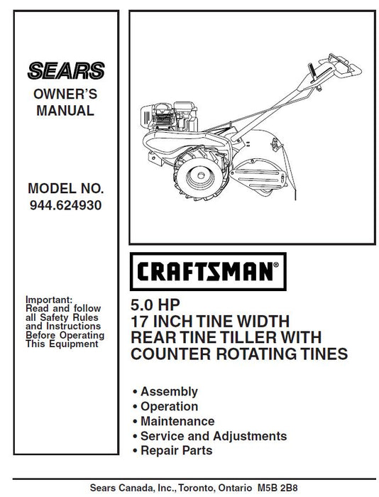 944.624930 Manuel pour motoculteur à dents arrière Craftsman 5 HP 17"