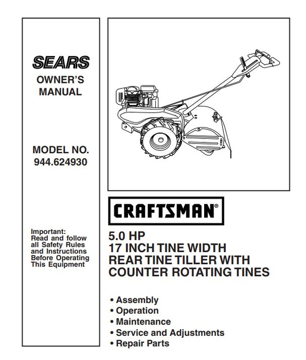 944.625930 Manual for Craftsman 17" Rear Tine Tiller