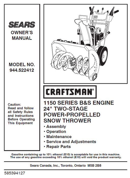 944.522412 Manual for Craftsman 24" Snow Blower