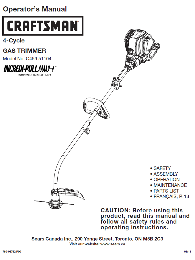 C459 51104 Manual for Craftsman 4 Cycle Gas Trimmer DR Mower Parts
