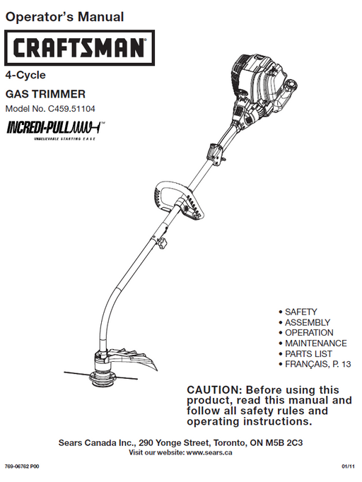 C459-51104 Manual for Craftsman 4-Cycle Gas Trimmer