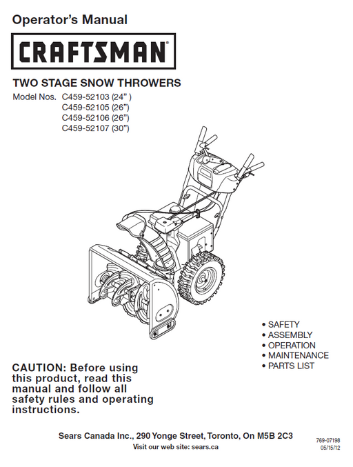 Manual for Craftsman Snow Blower C459-52103 C459-52105 C459-52106 C459-52107 31AH55TG599