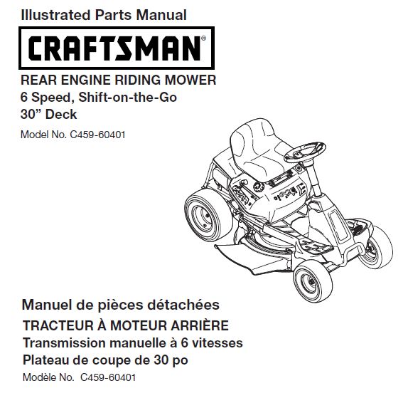 C459 60401 Parts Manual for Craftsman 2015 30 Riding Mower DR Mower Parts