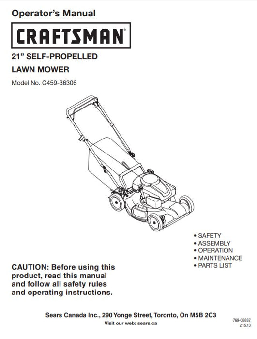 C459-36306 Manual for 2013 Craftsman 21" Lawn Mower with Kohler Engine