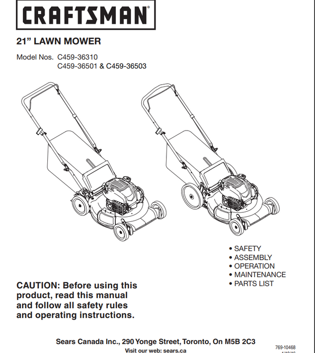 C459 36400 Manual for 2015 Craftsman Lawn Mowers C459 36401 C459