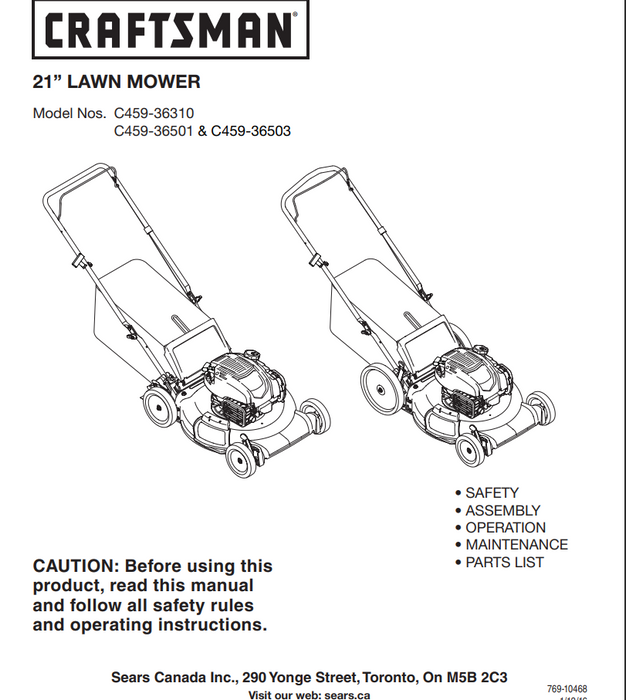 Manuel C459-36400 pour tondeuses à gazon Craftsman 2015 C459-36401 C459-36501 C459-36310 C459-36503 C459-36410 C459-36420 C459-36526.