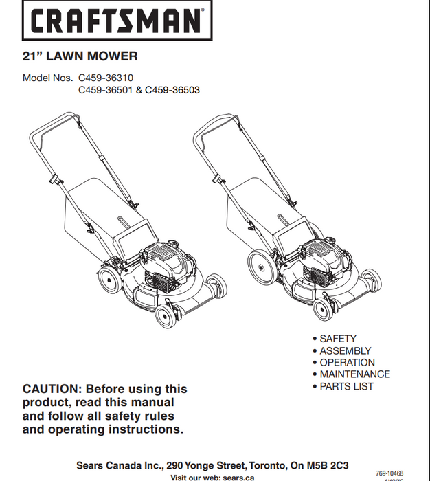 C459-36400 Manual for 2015 Craftsman Lawn Mowers C459-36401 C459-36501 C459-36310 C459-36503 C459-36410 C459-36420 C459-36526