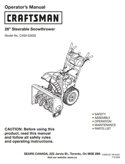 C459-52832 Manual for Craftsman 28" Steerable Snowthrower
