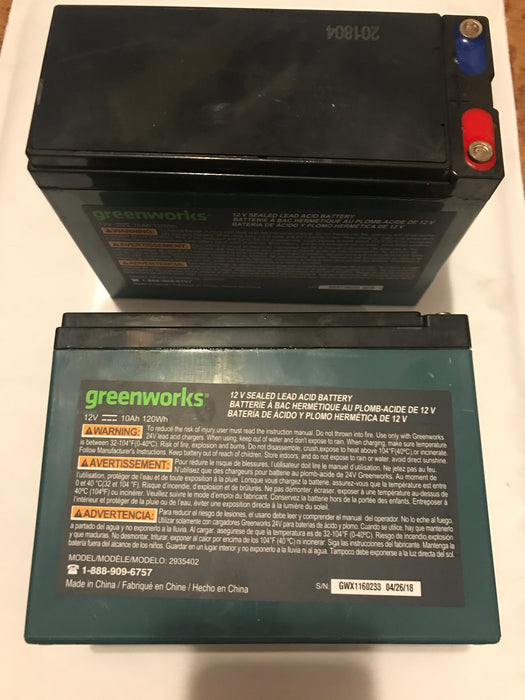 2935402 BATTERIE AU PLOMB ACIDE scellée Greenworks 12V 10AH pack de 2 batteries - DISPONIBILITÉ LIMITÉE